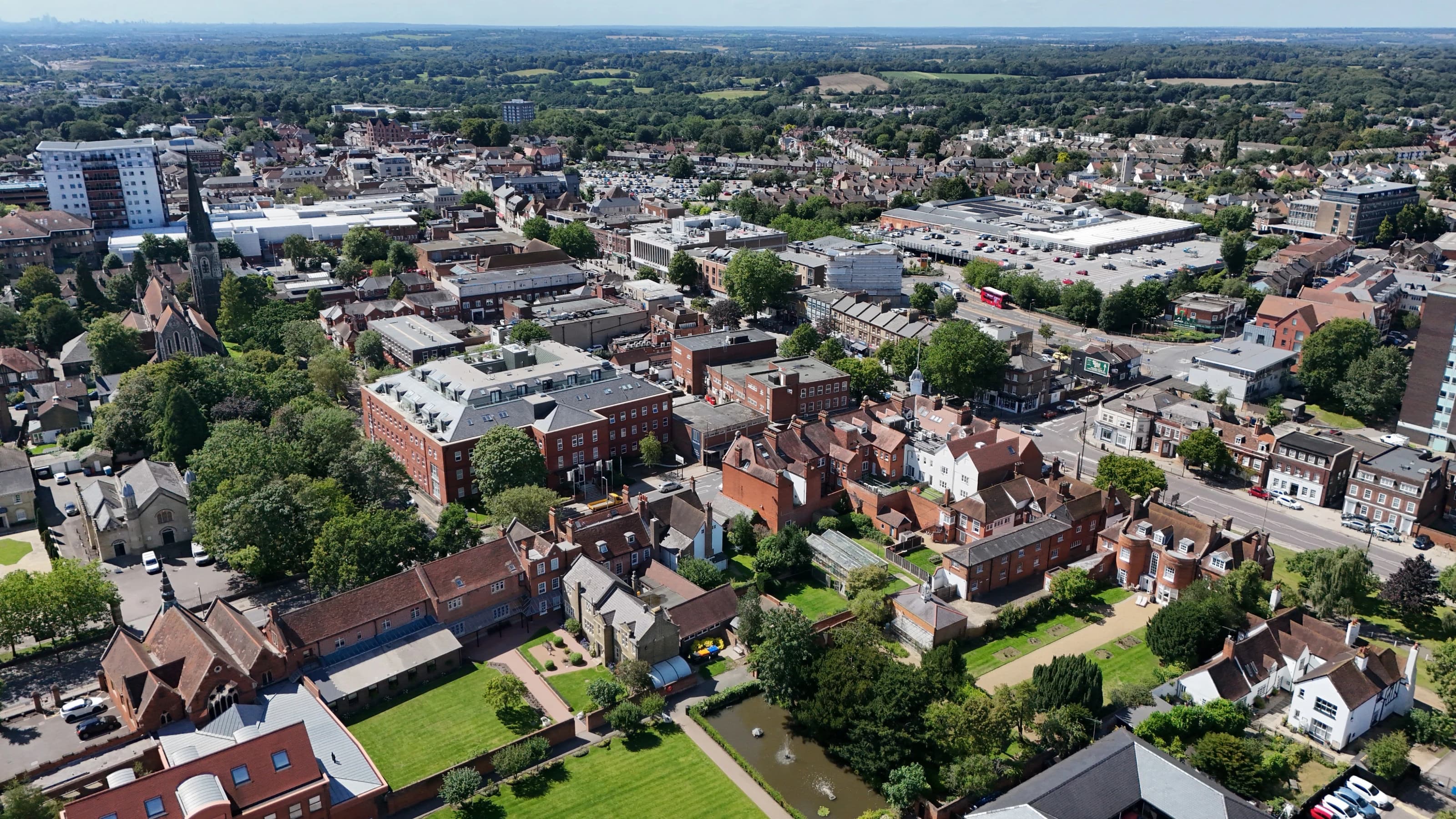 Ariel view of Brentwood, Essex, UK Town centre